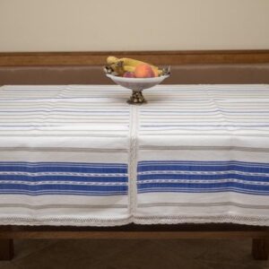 Față de masă, motiv sicănesc cu dantelă, albastru, 160x130-0