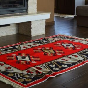 Covor bumbac cu romburi - roșu cu albastru -0