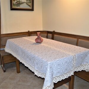 Față de masă, model gri- alb, cu dantelă cremă, 140x220-0