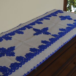 Față de masă, cusut manual cu trandafir, albastru-0
